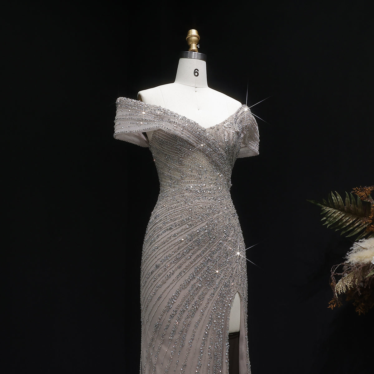 Luxury Champagne Sequin Off-the-Shoulder Evening Dress with High Slit SS007 