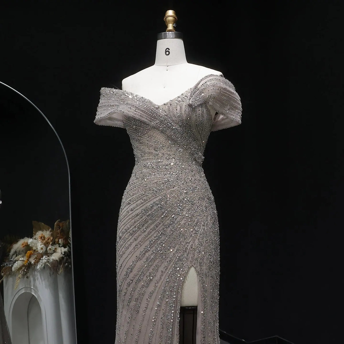 Luxury Champagne Sequin Off-the-Shoulder Evening Dress with High Slit SS007 Luxury Champagne Sequin Off-the-Shoulder Evening Dress with High Slit SS007