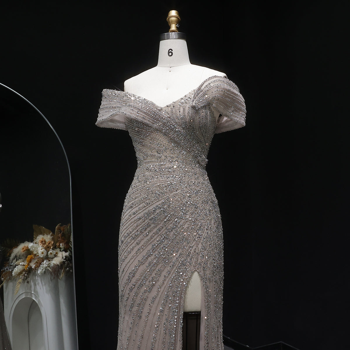 Luxury Champagne Sequin Off-the-Shoulder Evening Dress with High Slit SS007 