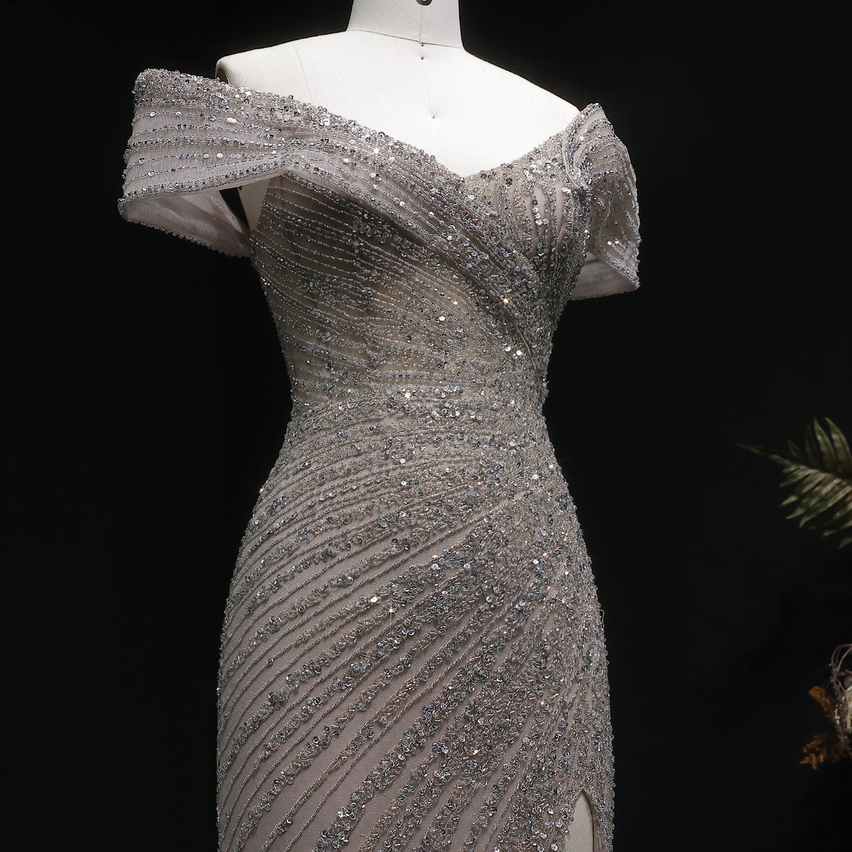 Luxury Champagne Sequin Off-the-Shoulder Evening Dress with High Slit SS007 