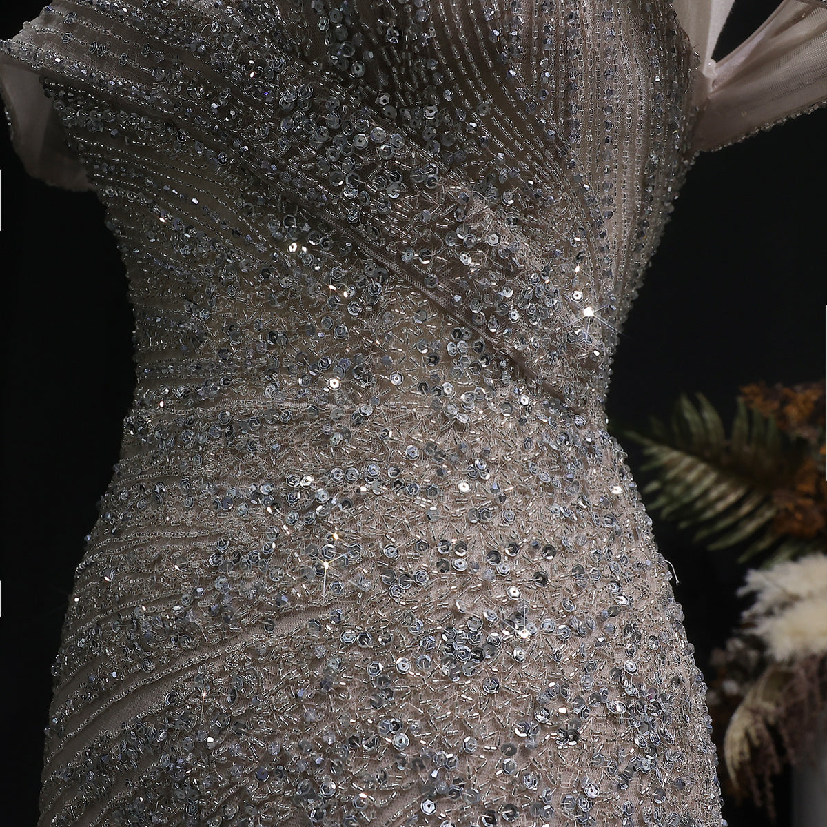 Luxury Champagne Sequin Off-the-Shoulder Evening Dress with High Slit SS007 