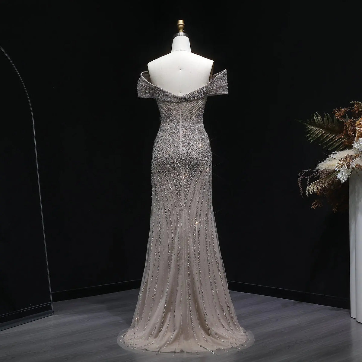 Luxury Champagne Sequin Off-the-Shoulder Evening Dress with High Slit SS007 Luxury Champagne Sequin Off-the-Shoulder Evening Dress with High Slit SS007