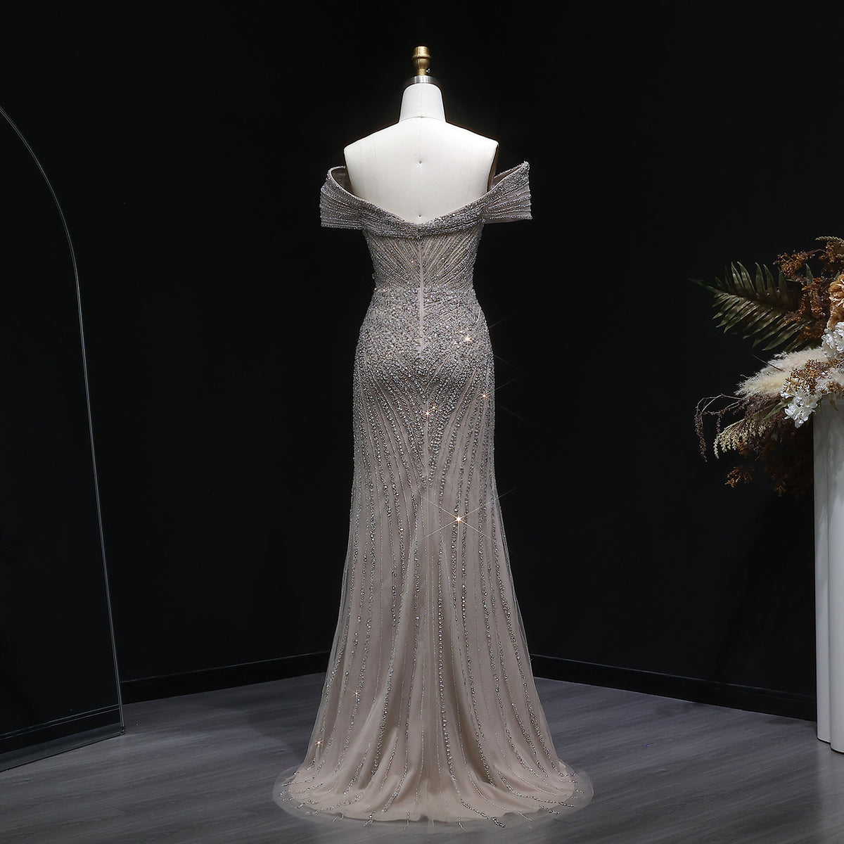 Luxury Champagne Sequin Off-the-Shoulder Evening Dress with High Slit SS007 