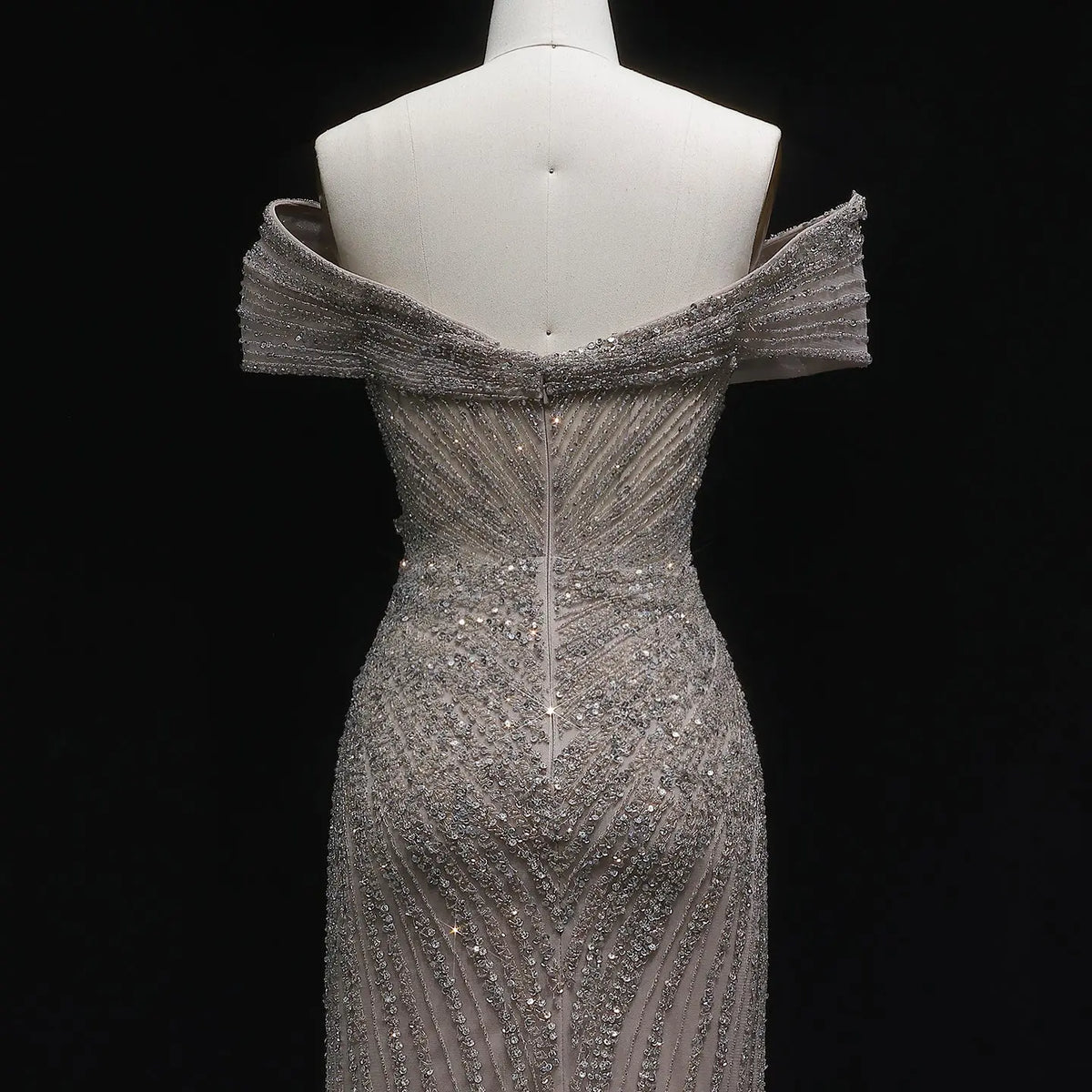 Luxury Champagne Sequin Off-the-Shoulder Evening Dress with High Slit SS007 Luxury Champagne Sequin Off-the-Shoulder Evening Dress with High Slit SS007