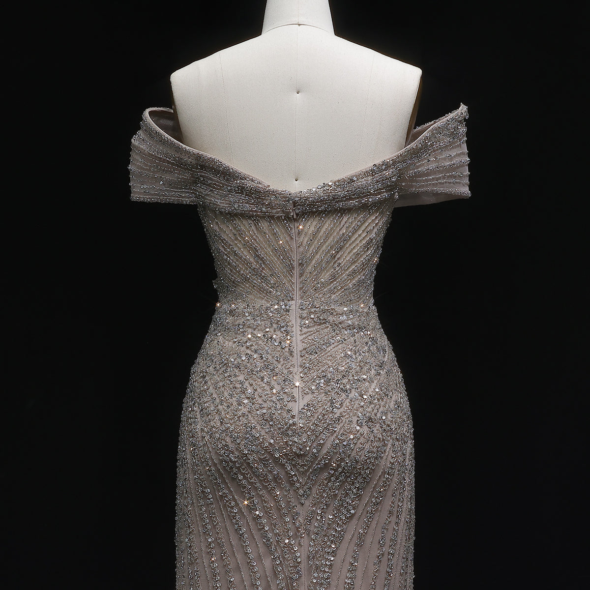 Luxury Champagne Sequin Off-the-Shoulder Evening Dress with High Slit SS007 