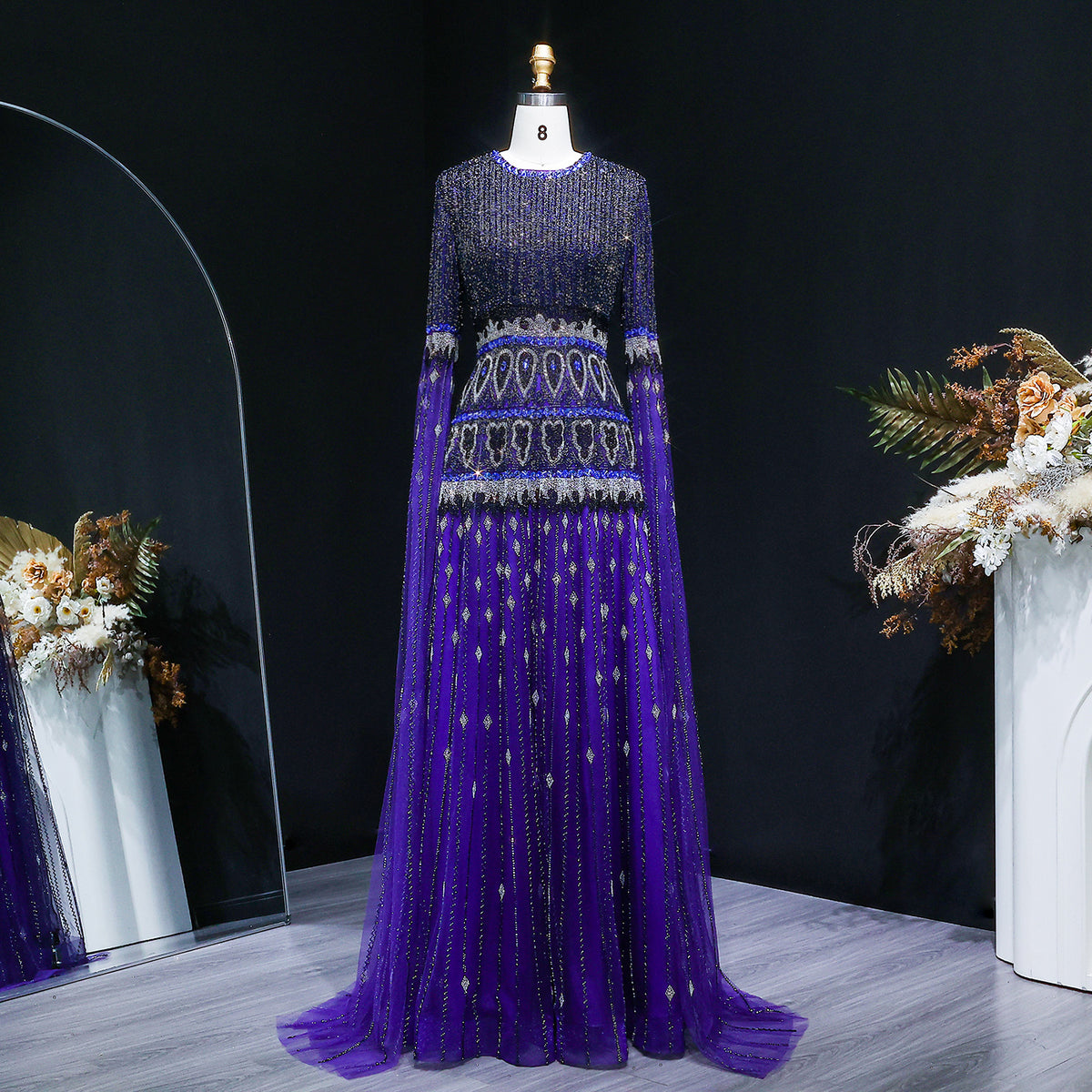 Luxury Purple Beaded Crystal Cape Sleeve Evening Dress SS009 