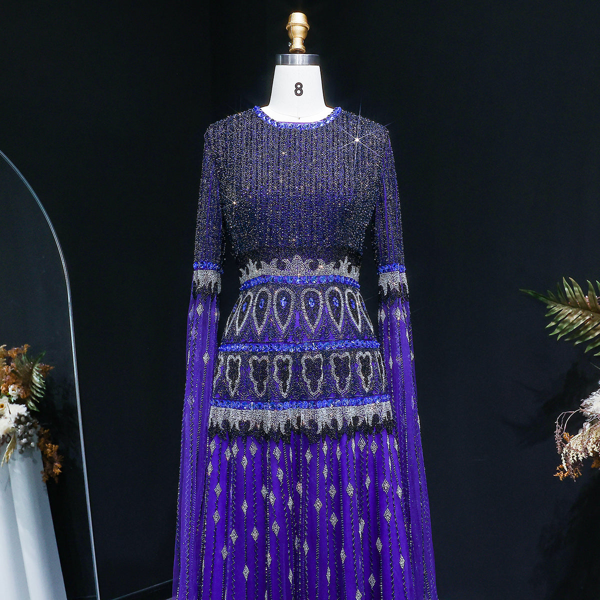 Luxury Purple Beaded Crystal Cape Sleeve Evening Dress SS009 
