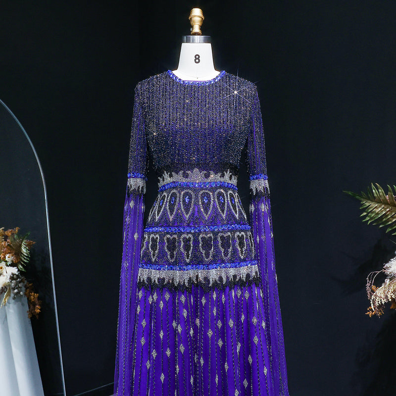Luxury Purple Beaded Crystal Cape Sleeve Evening Dress SS009 
