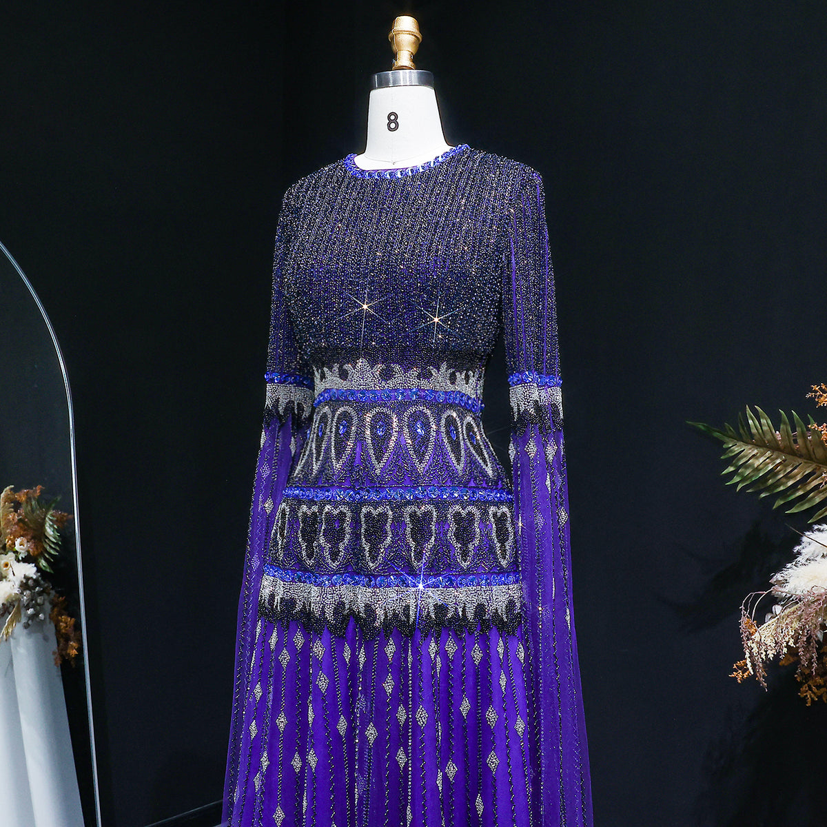 Luxury Purple Beaded Crystal Cape Sleeve Evening Dress SS009 