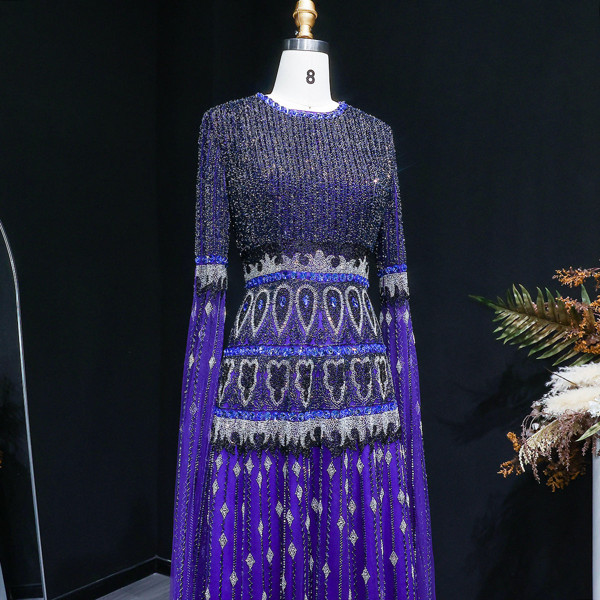 Luxury Purple Beaded Crystal Cape Sleeve Evening Dress SS009 