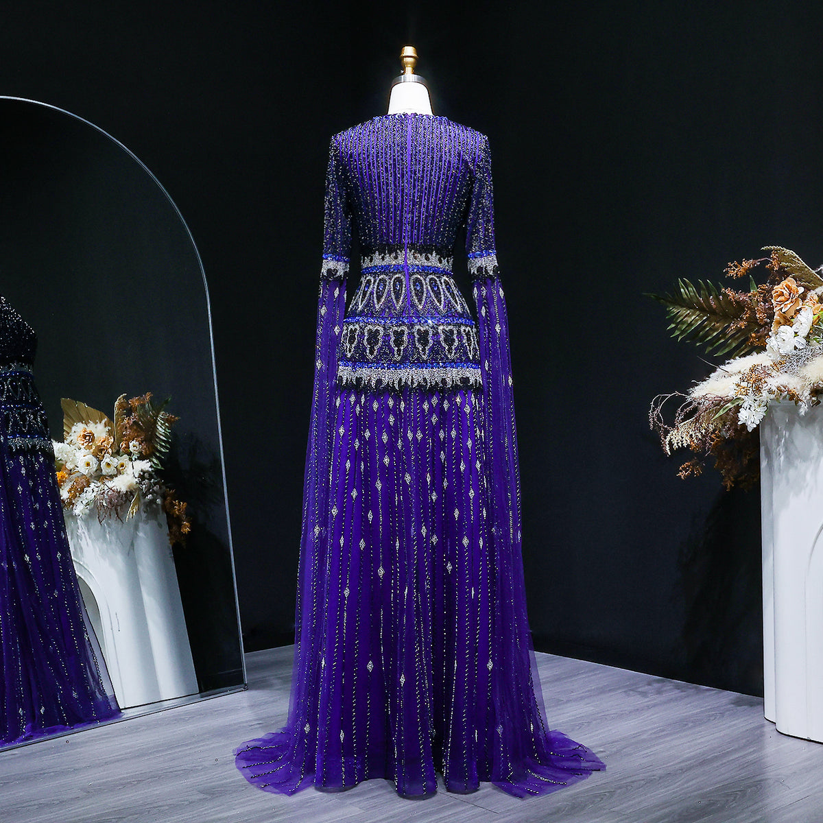 Luxury Purple Beaded Crystal Cape Sleeve Evening Dress SS009 