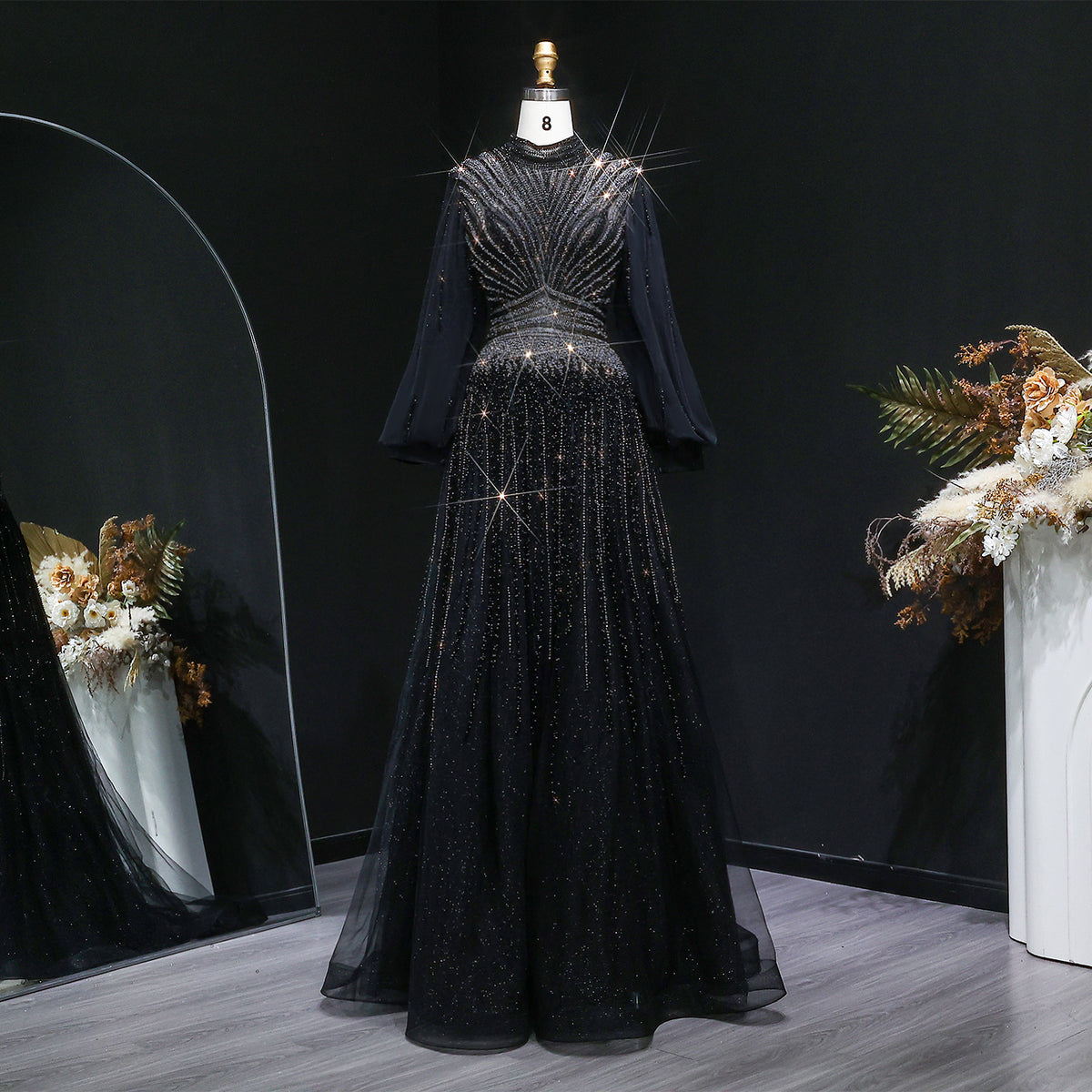 Luxury Blue Sequin Beaded Long Sleeve Evening Dress SS012 