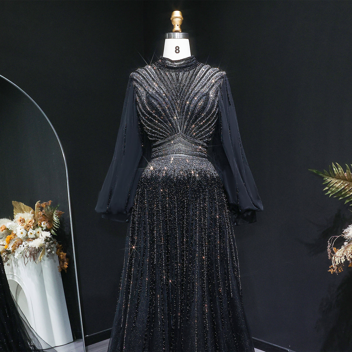 Luxury Blue Sequin Beaded Long Sleeve Evening Dress SS012 