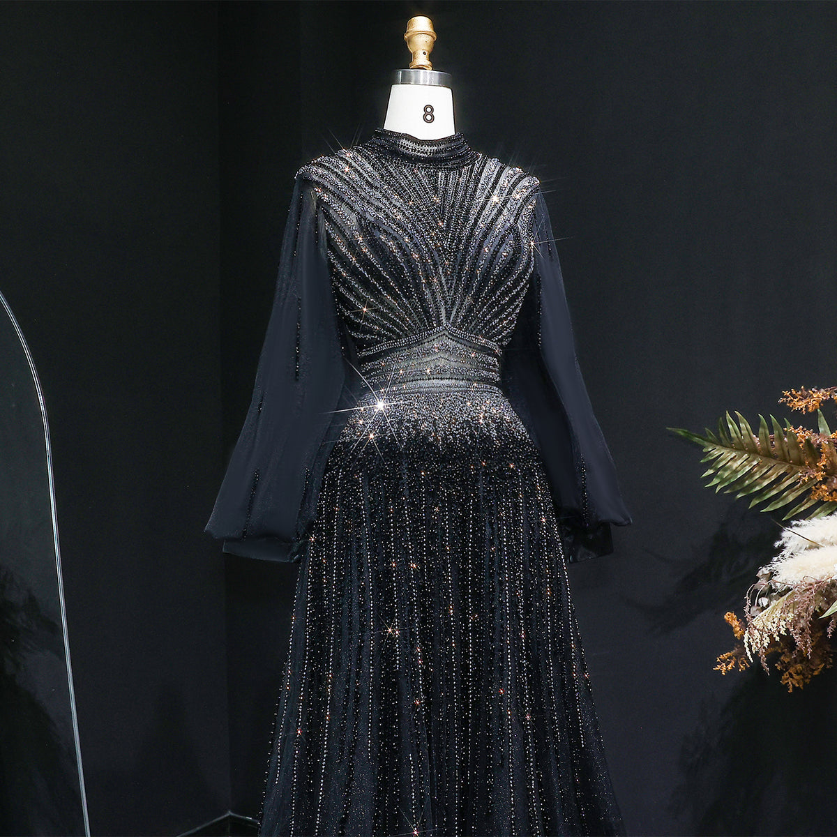 Luxury Blue Sequin Beaded Long Sleeve Evening Dress SS012 