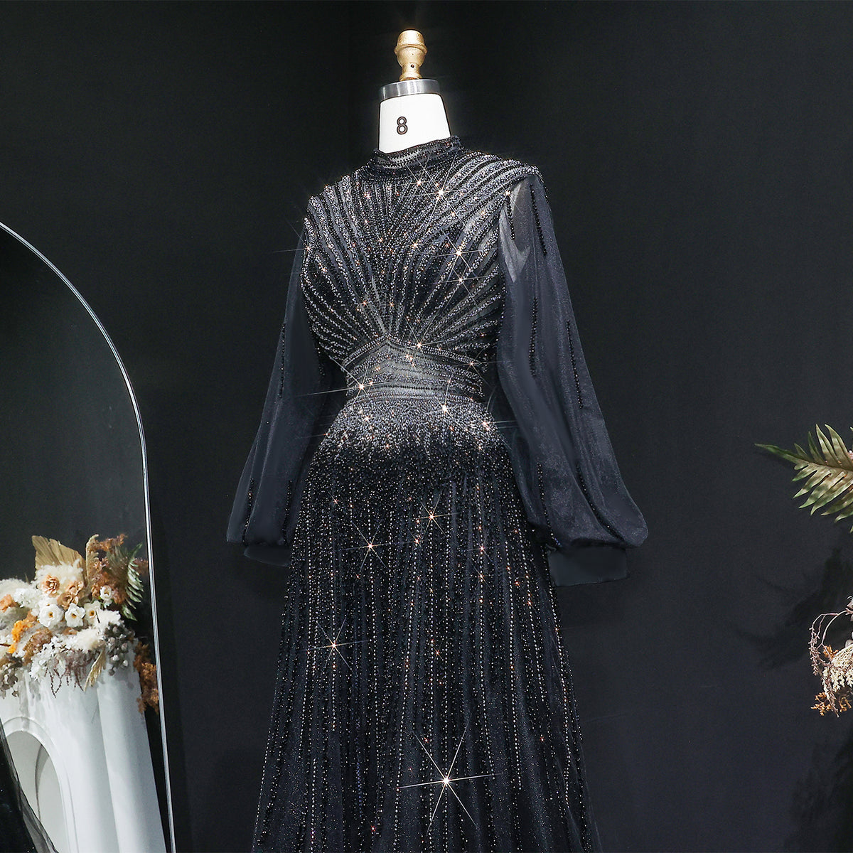 Luxury Blue Sequin Beaded Long Sleeve Evening Dress SS012 