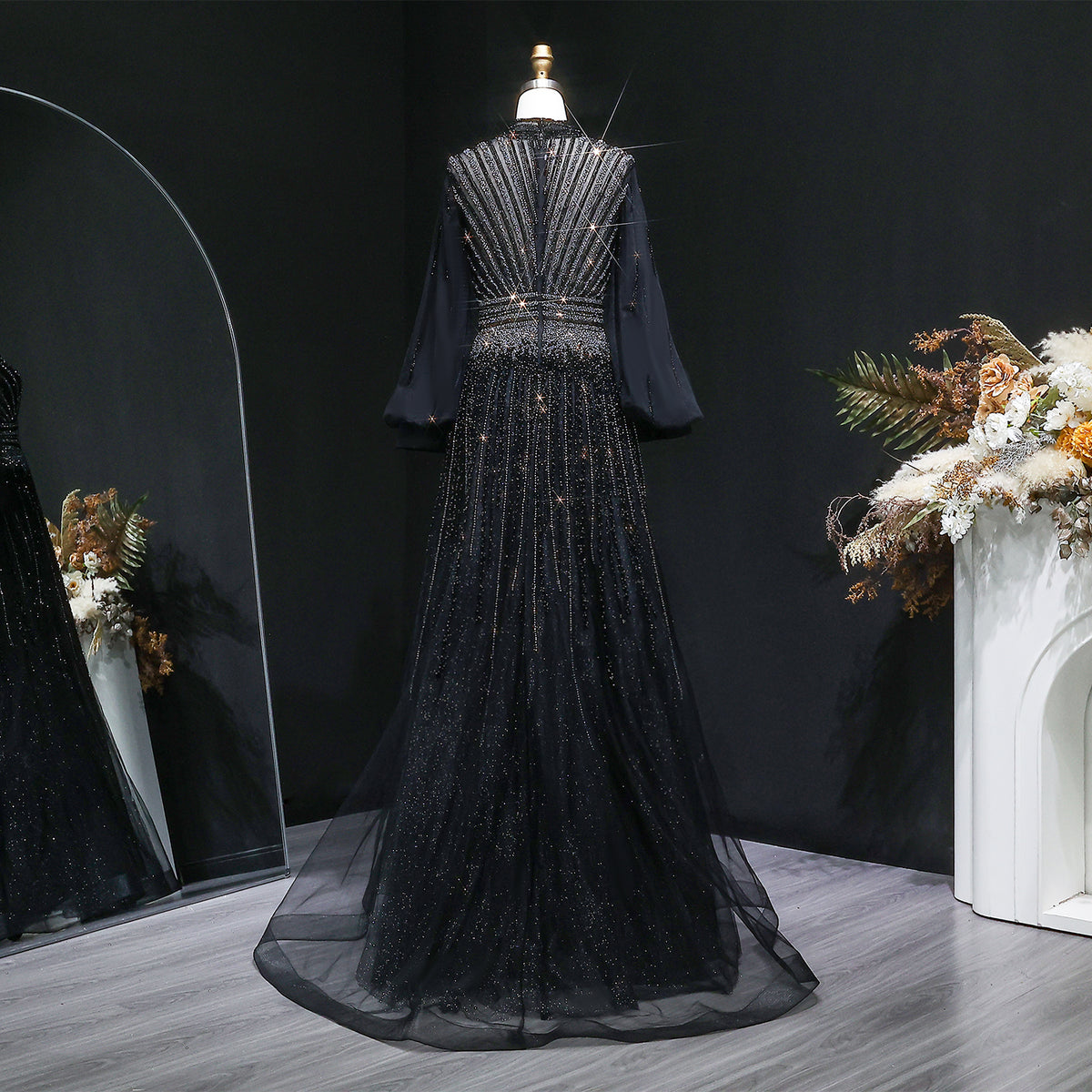 Luxury Blue Sequin Beaded Long Sleeve Evening Dress SS012 