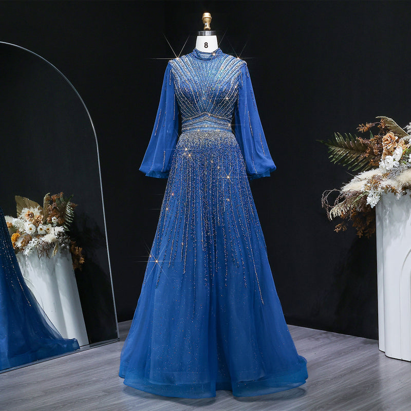 Luxury Blue Sequin Beaded Long Sleeve Evening Dress SS012 
