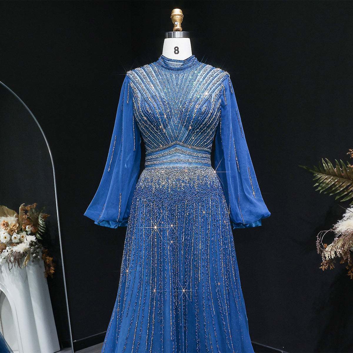 Luxury Blue Sequin Beaded Long Sleeve Evening Dress SS012 