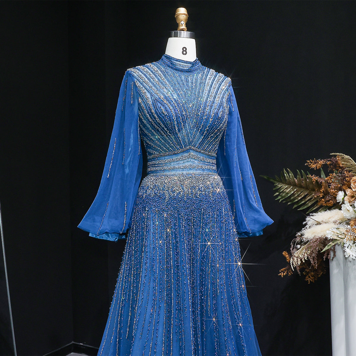 Luxury Blue Sequin Beaded Long Sleeve Evening Dress SS012 