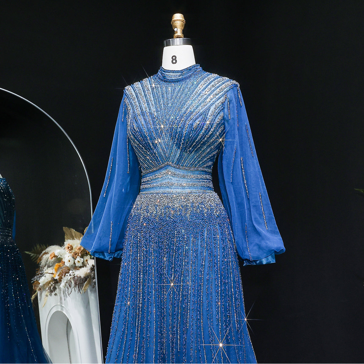 Luxury Blue Sequin Beaded Long Sleeve Evening Dress SS012 