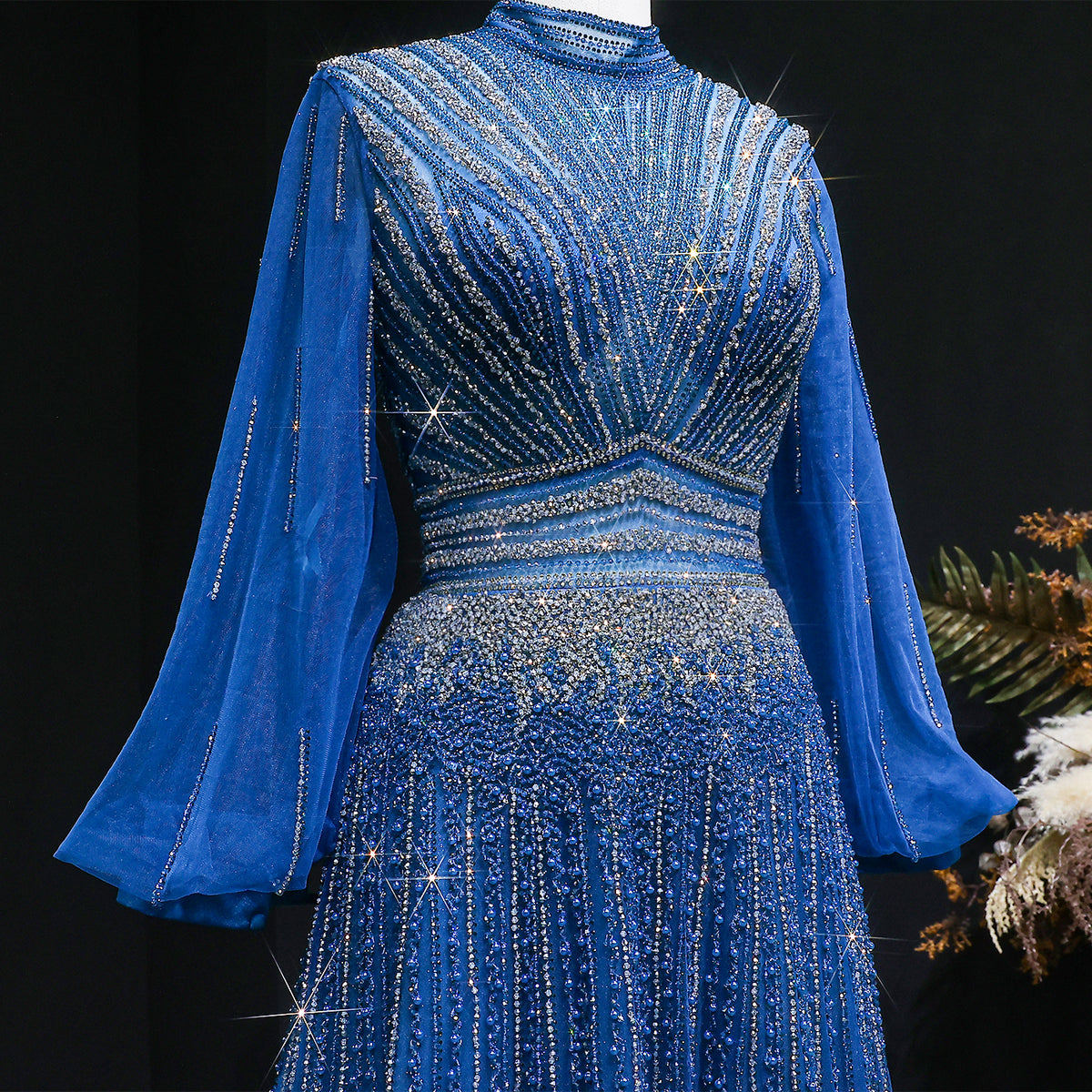 Luxury Blue Sequin Beaded Long Sleeve Evening Dress SS012 