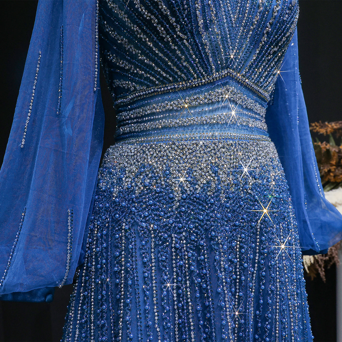 Luxury Blue Sequin Beaded Long Sleeve Evening Dress SS012 
