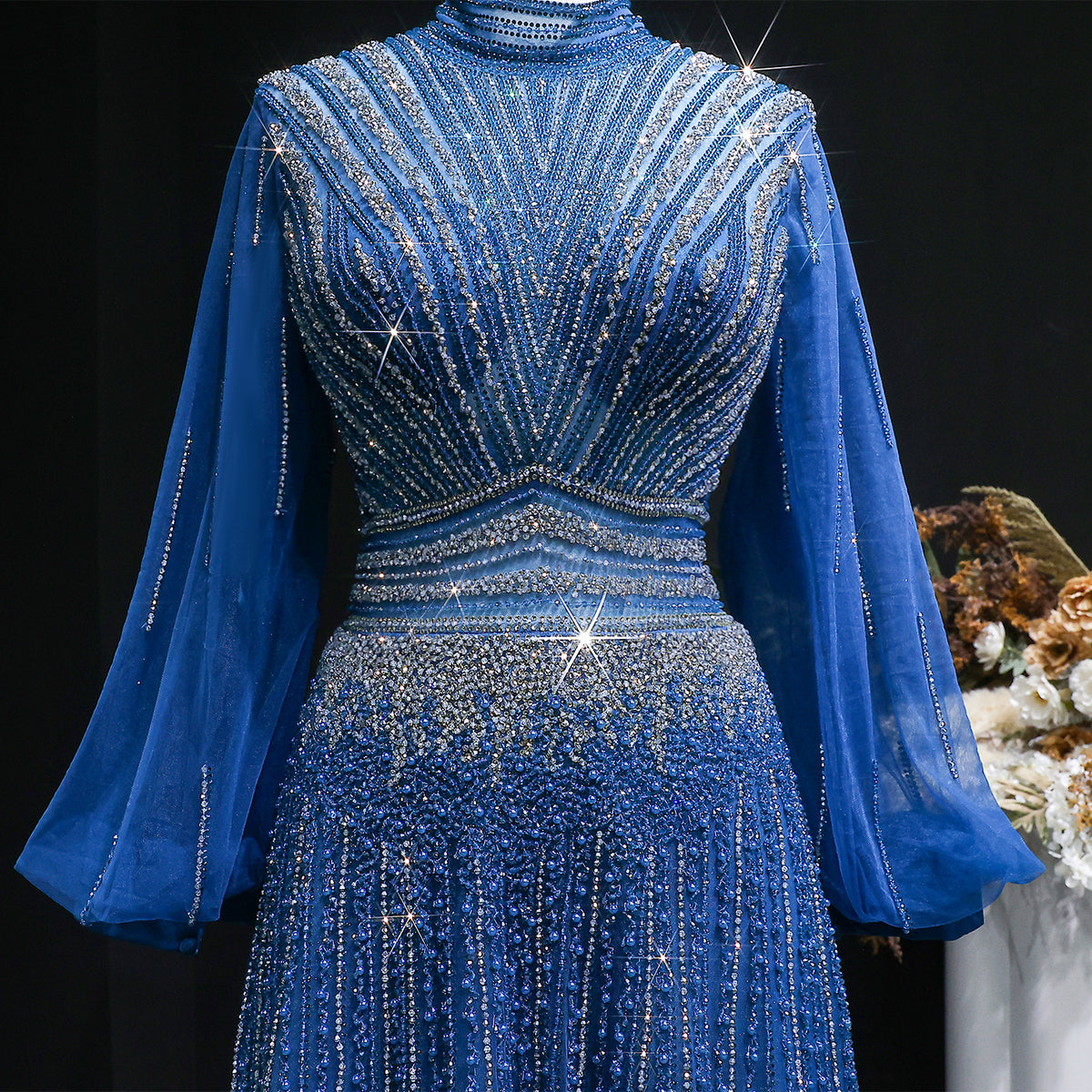 Luxury Blue Sequin Beaded Long Sleeve Evening Dress SS012 