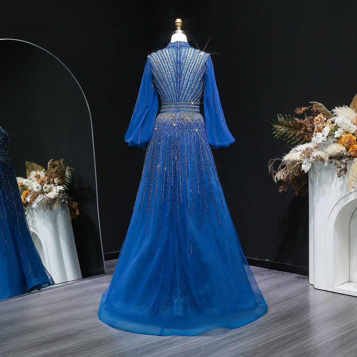 Luxury Blue Sequin Beaded Long Sleeve Evening Dress SS012 