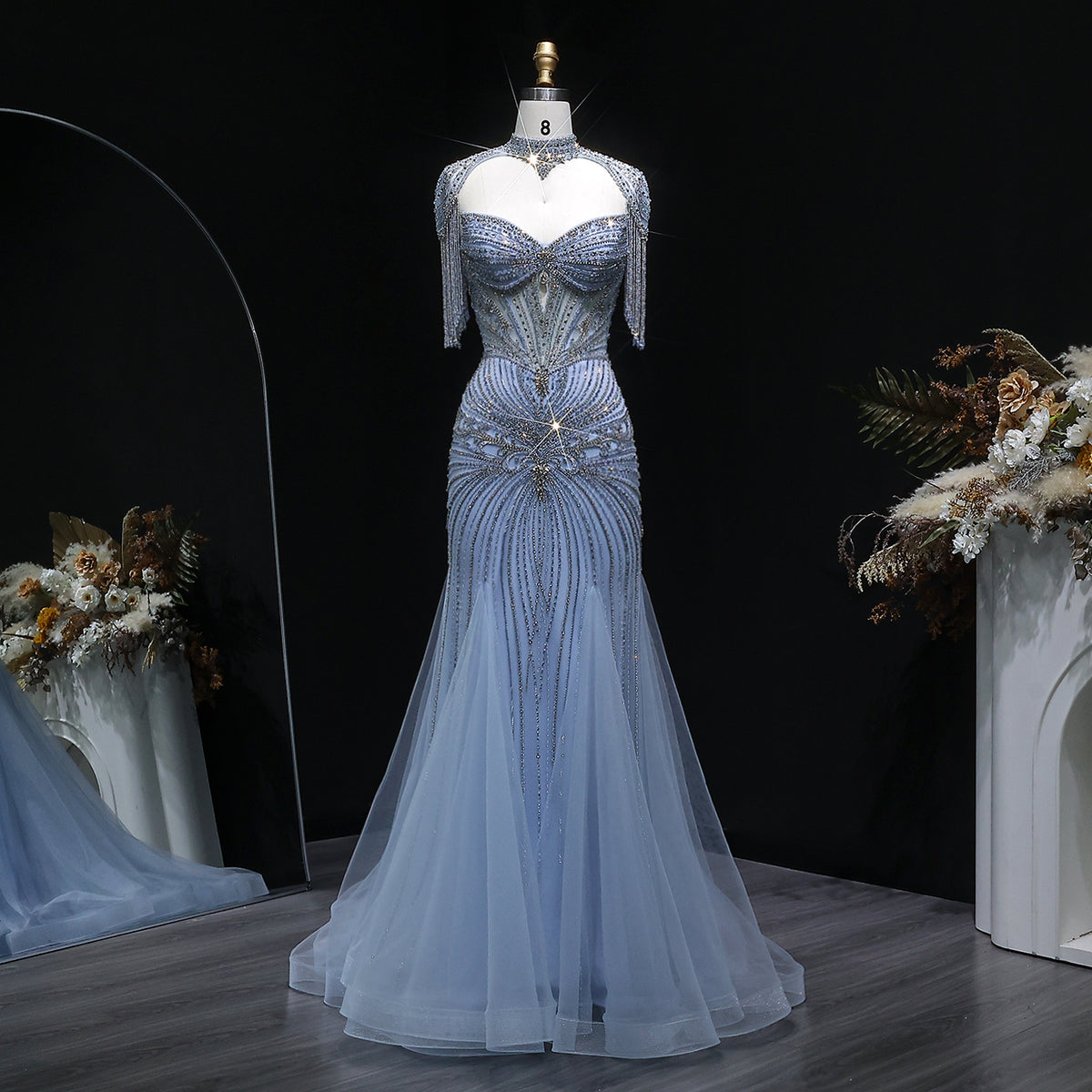 Luxury Champagne Beaded Crystal Evening Dress with Tassel Shoulder SS021 