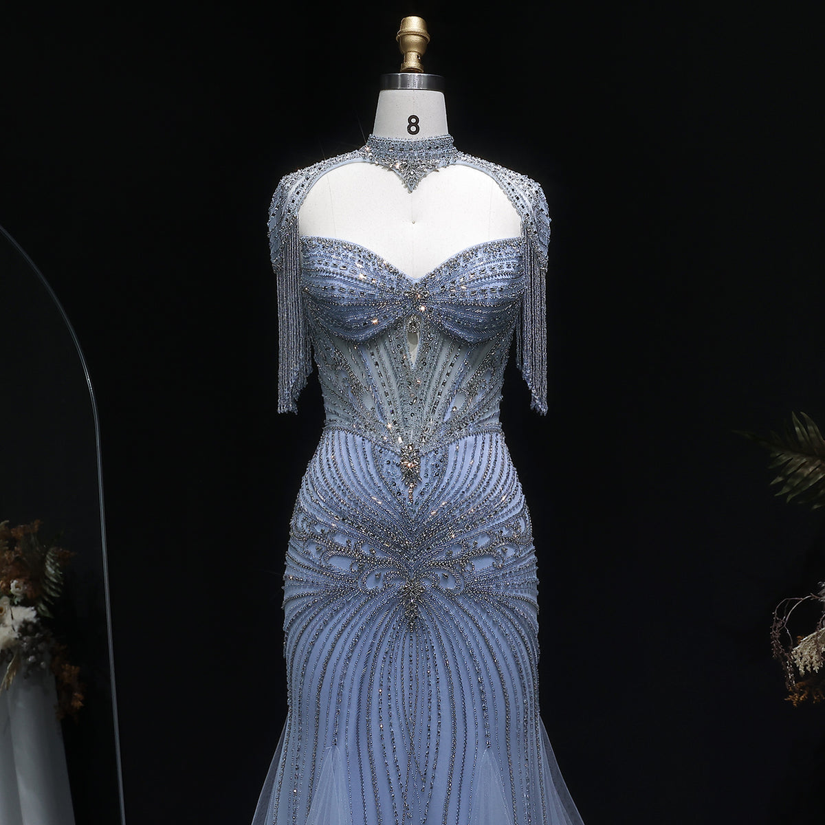 Luxury Champagne Beaded Crystal Evening Dress with Tassel Shoulder SS021 