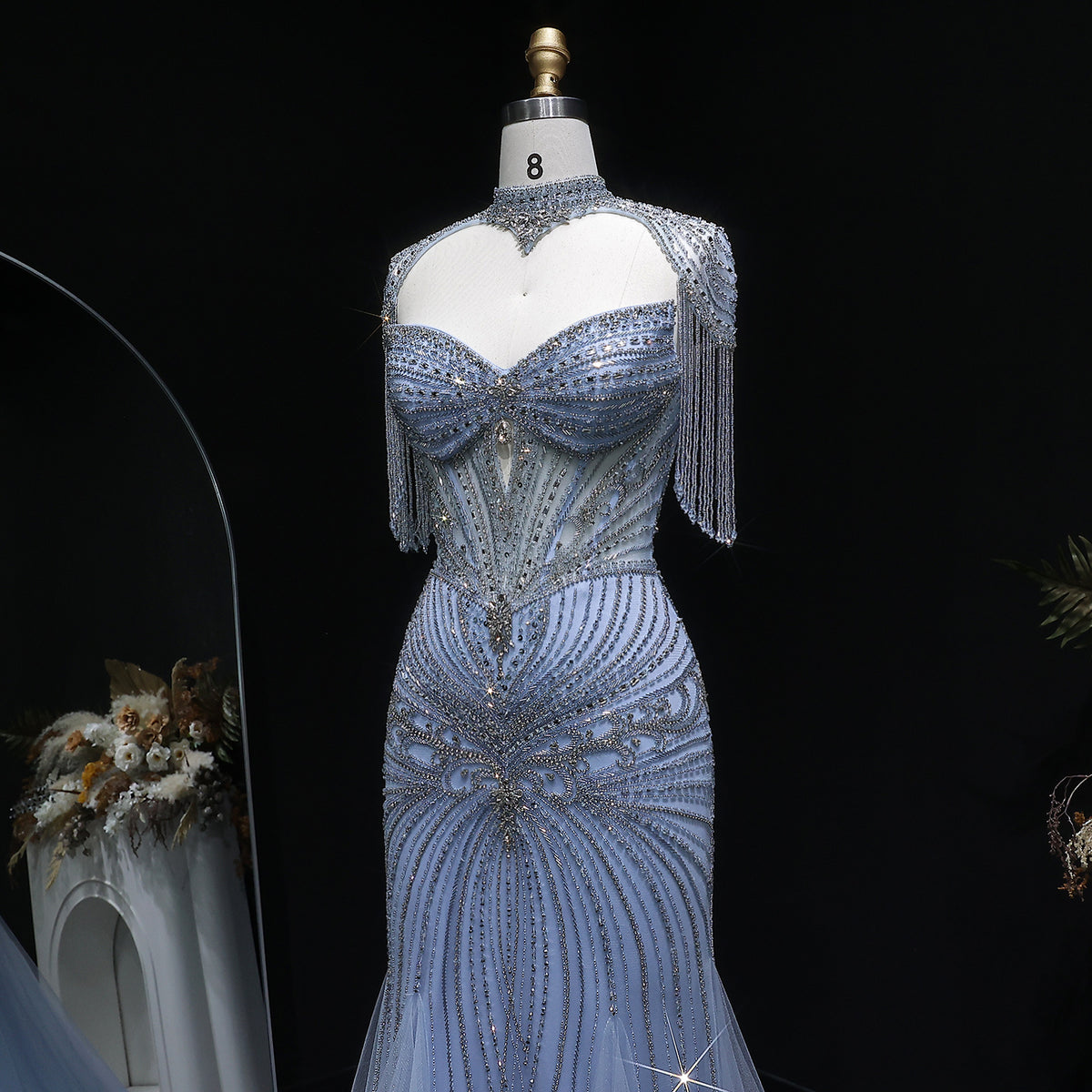 Luxury Champagne Beaded Crystal Evening Dress with Tassel Shoulder SS021 