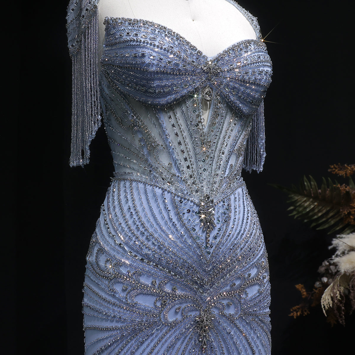 Luxury Champagne Beaded Crystal Evening Dress with Tassel Shoulder SS021 