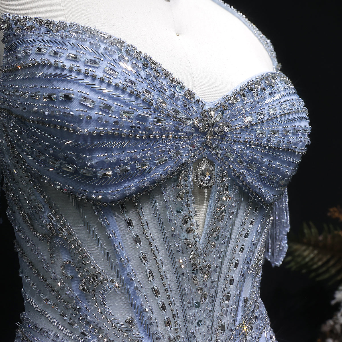 Luxury Champagne Beaded Crystal Evening Dress with Tassel Shoulder SS021 