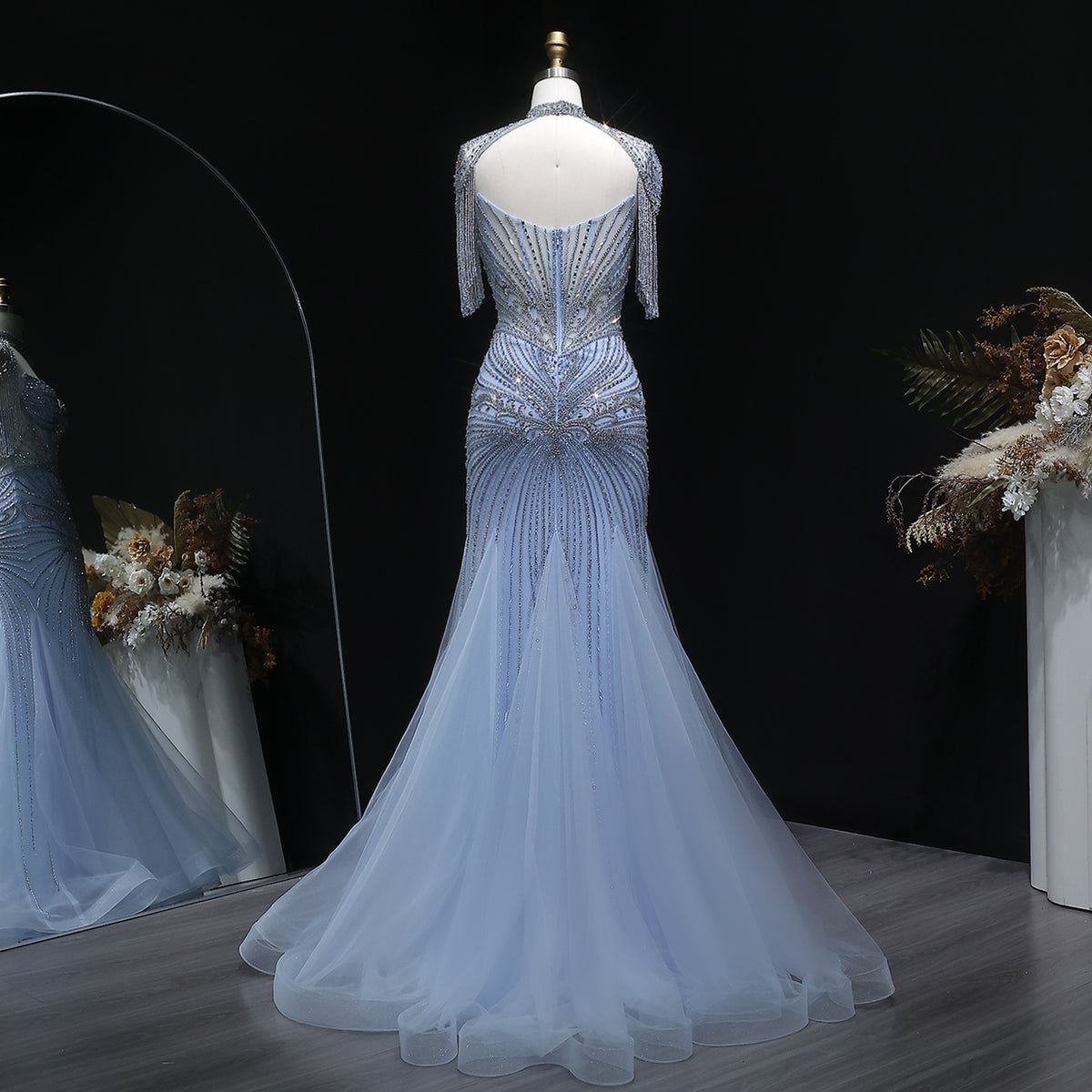 Luxury Champagne Beaded Crystal Evening Dress with Tassel Shoulder SS021 