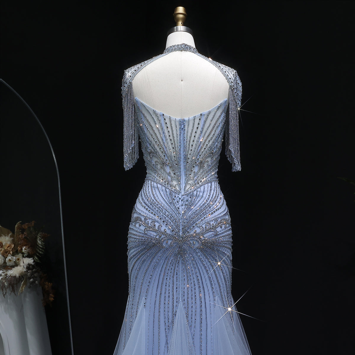 Luxury Champagne Beaded Crystal Evening Dress with Tassel Shoulder SS021 