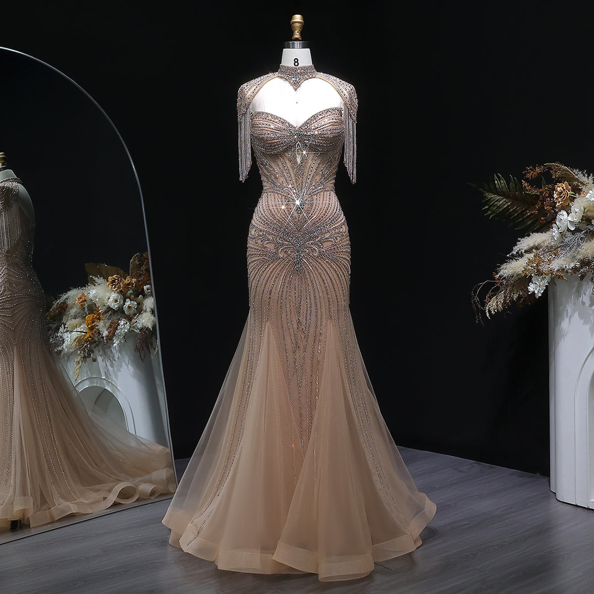 Luxury Champagne Beaded Crystal Evening Dress with Tassel Shoulder SS021 