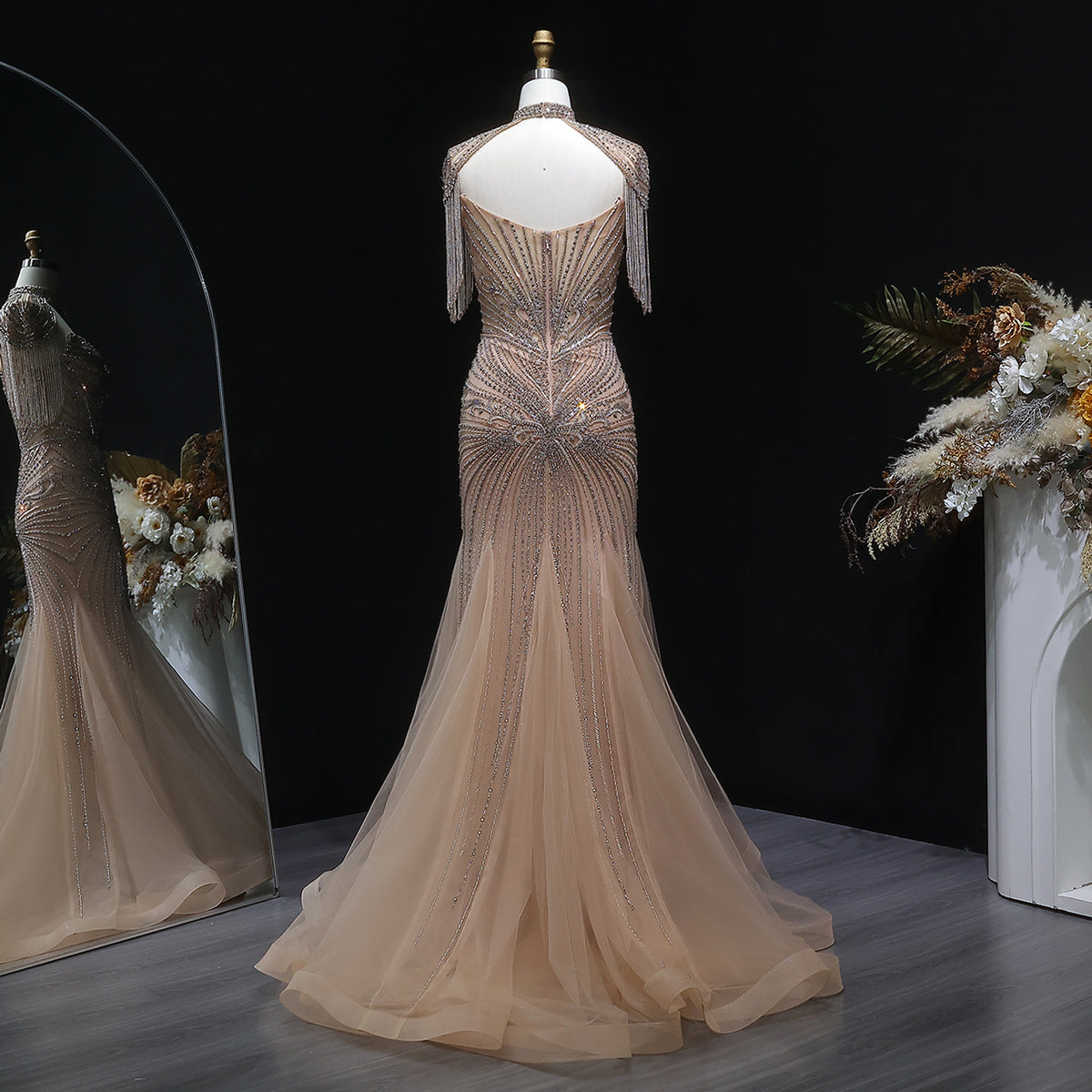 Luxury Champagne Beaded Crystal Evening Dress with Tassel Shoulder SS021 