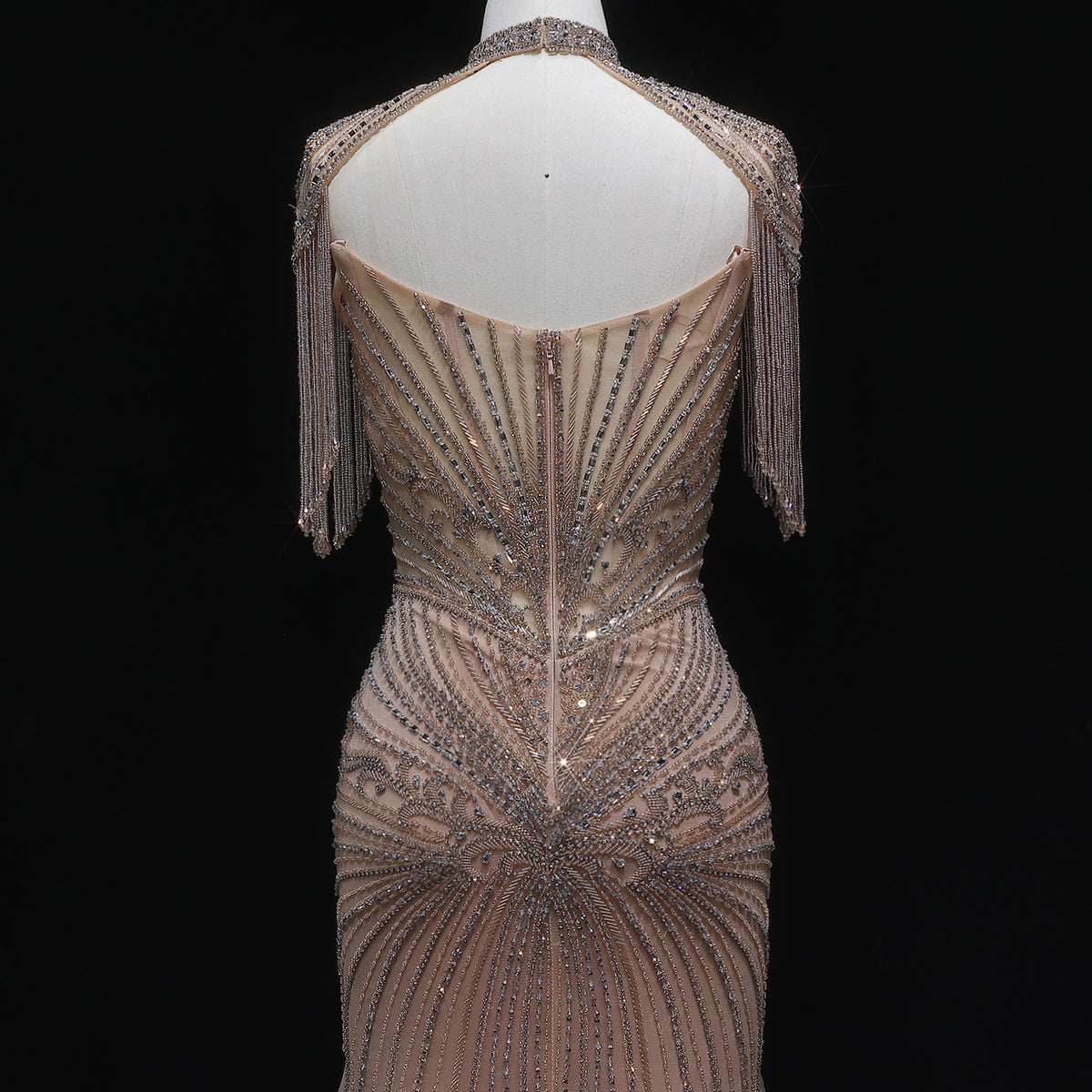 Luxury Champagne Beaded Crystal Evening Dress with Tassel Shoulder SS021 