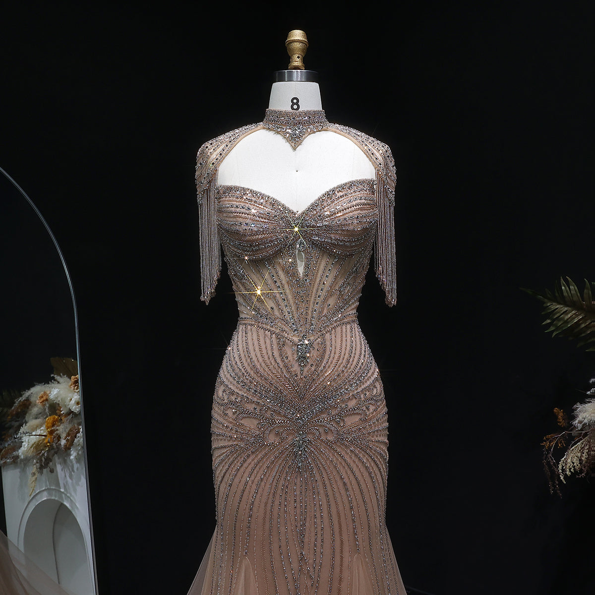 Luxury Champagne Beaded Crystal Evening Dress with Tassel Shoulder SS021 