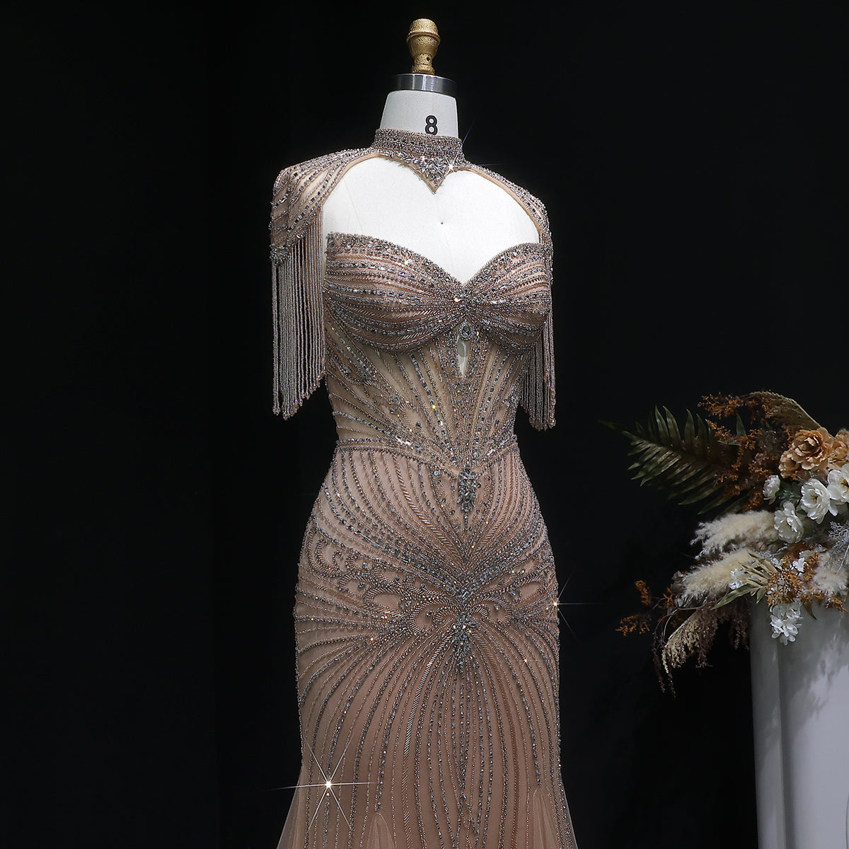 Luxury Champagne Beaded Crystal Evening Dress with Tassel Shoulder SS021 