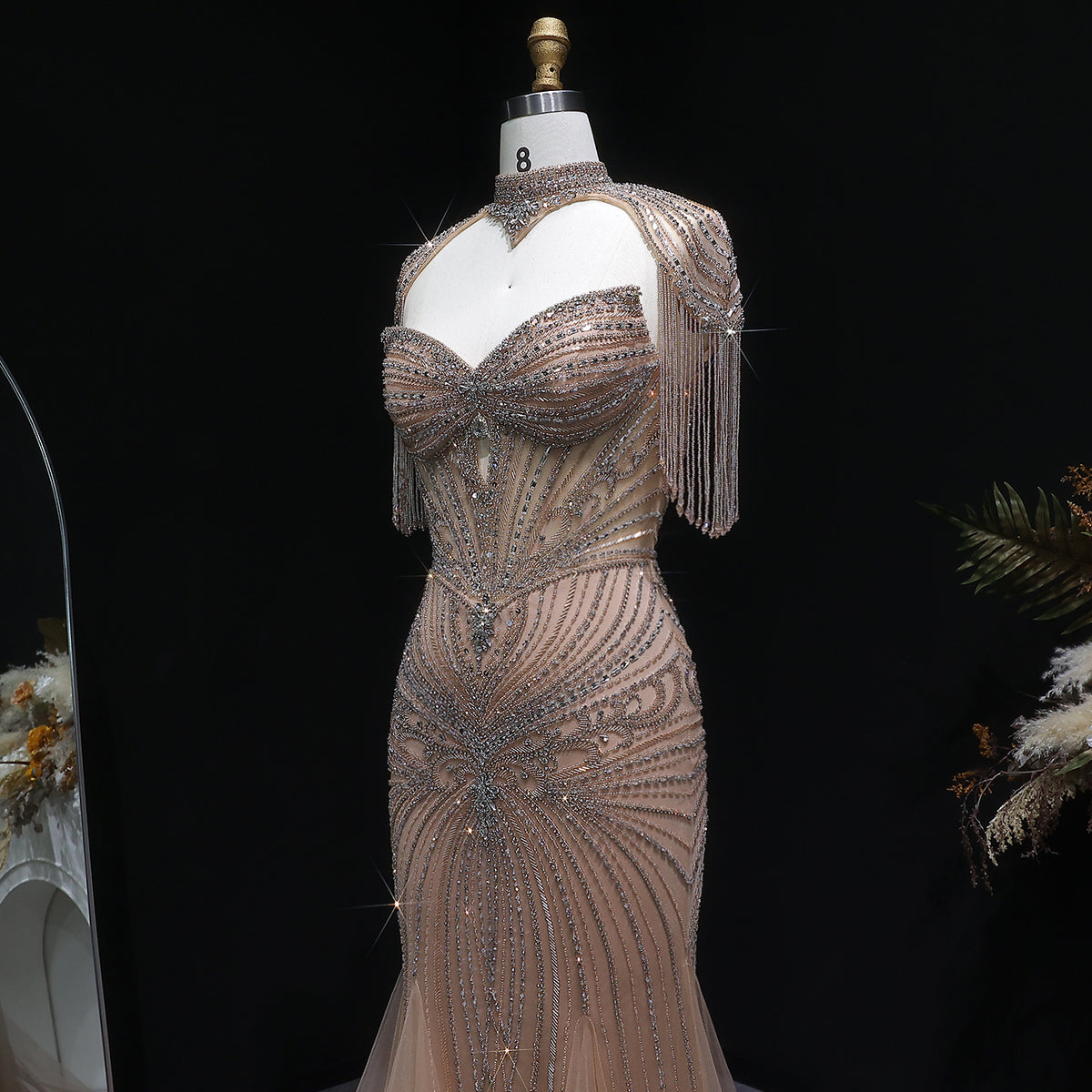 Luxury Champagne Beaded Crystal Evening Dress with Tassel Shoulder SS021 