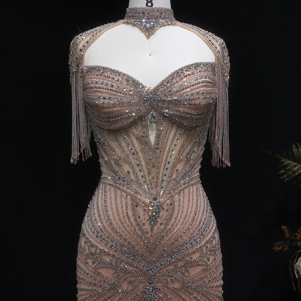 Luxury Champagne Beaded Crystal Evening Dress with Tassel Shoulder SS021 