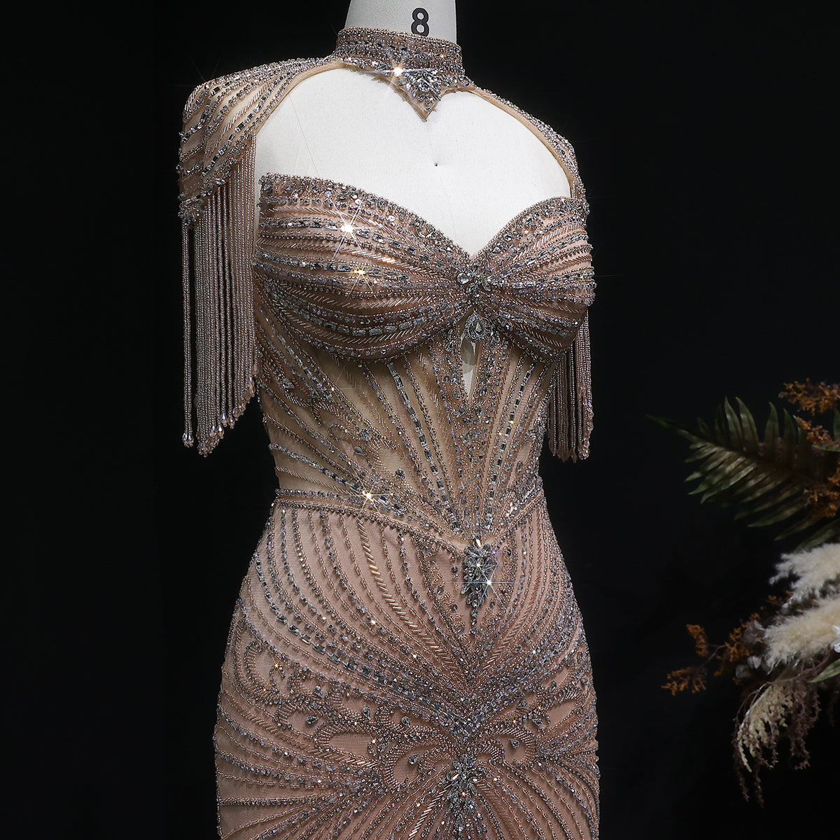 Luxury Champagne Beaded Crystal Evening Dress with Tassel Shoulder SS021 