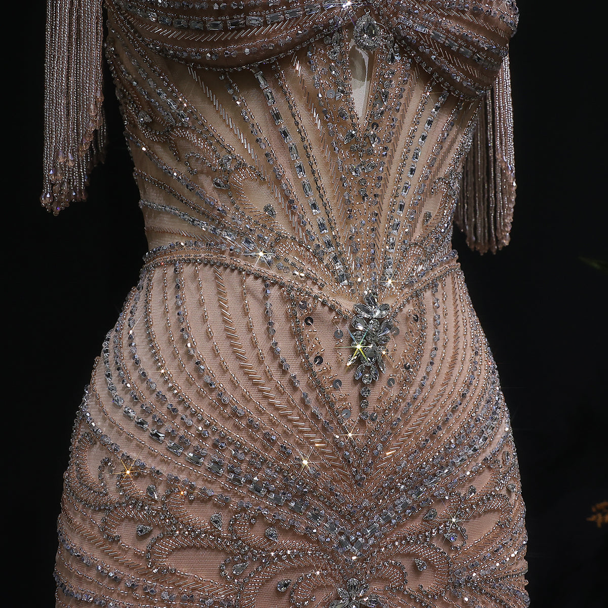 Luxury Champagne Beaded Crystal Evening Dress with Tassel Shoulder SS021 