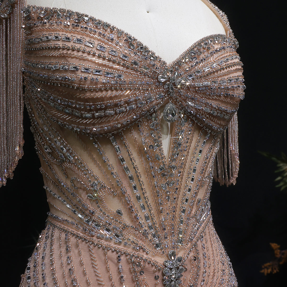 Luxury Champagne Beaded Crystal Evening Dress with Tassel Shoulder SS021 