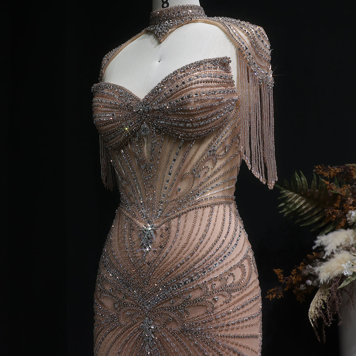 Luxury Champagne Beaded Crystal Evening Dress with Tassel Shoulder SS021 