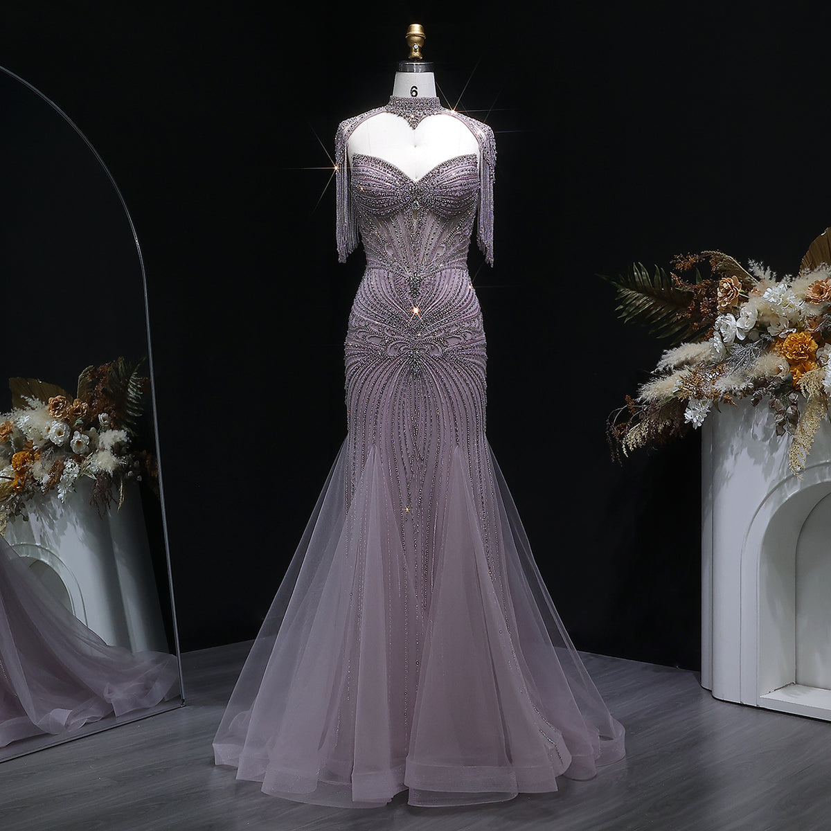 Luxury Champagne Beaded Crystal Evening Dress with Tassel Shoulder SS021 