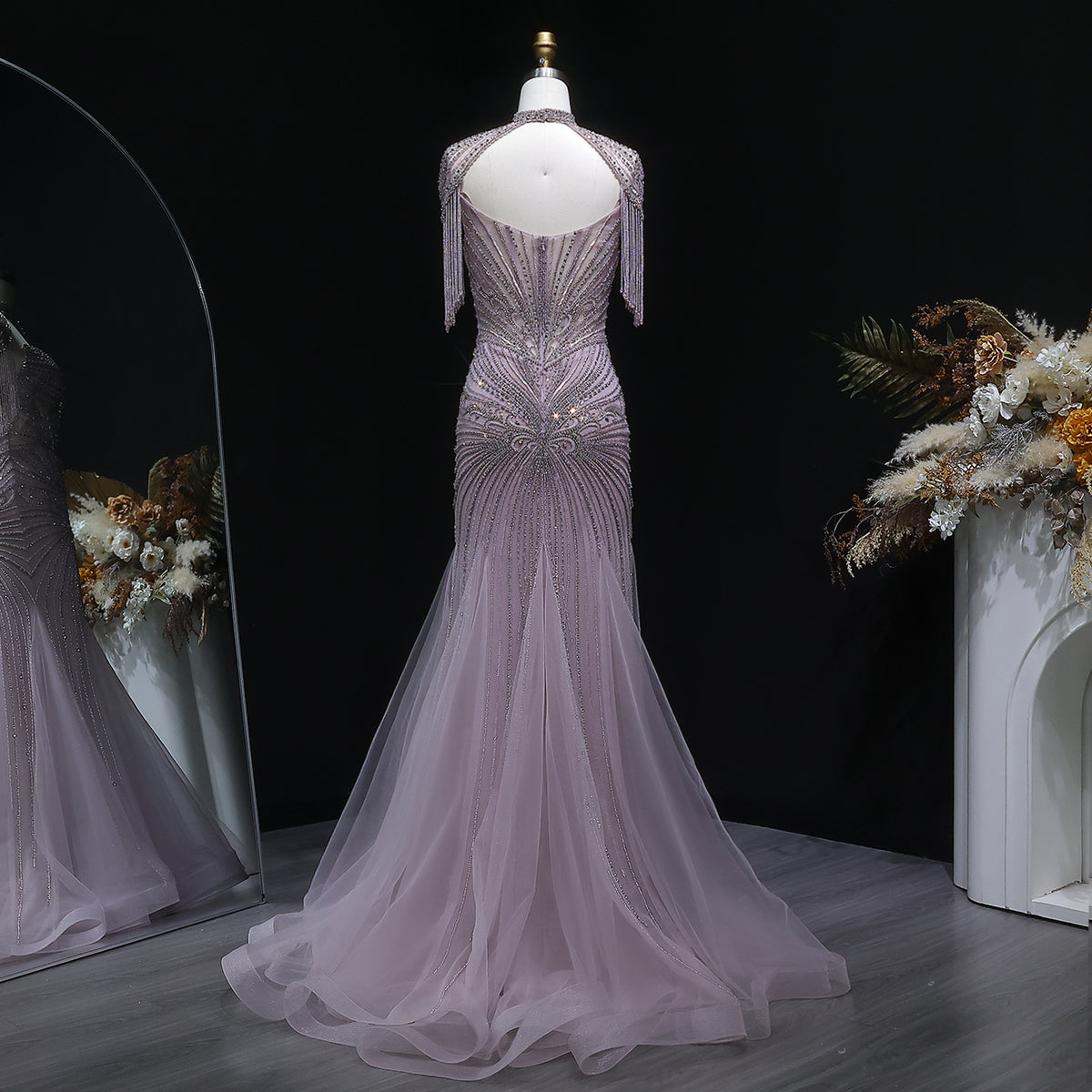 Luxury Champagne Beaded Crystal Evening Dress with Tassel Shoulder SS021 