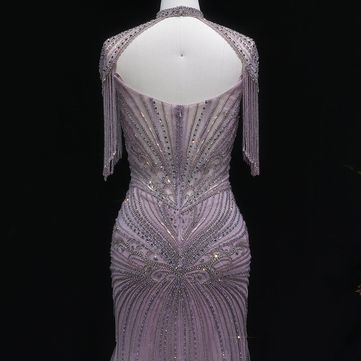 Luxury Champagne Beaded Crystal Evening Dress with Tassel Shoulder SS021 