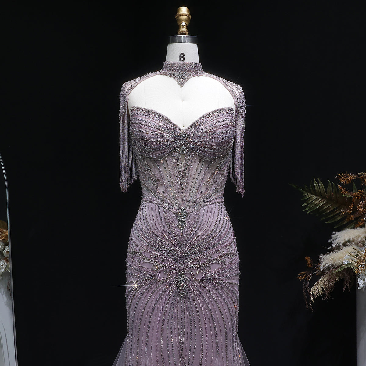 Luxury Champagne Beaded Crystal Evening Dress with Tassel Shoulder SS021 